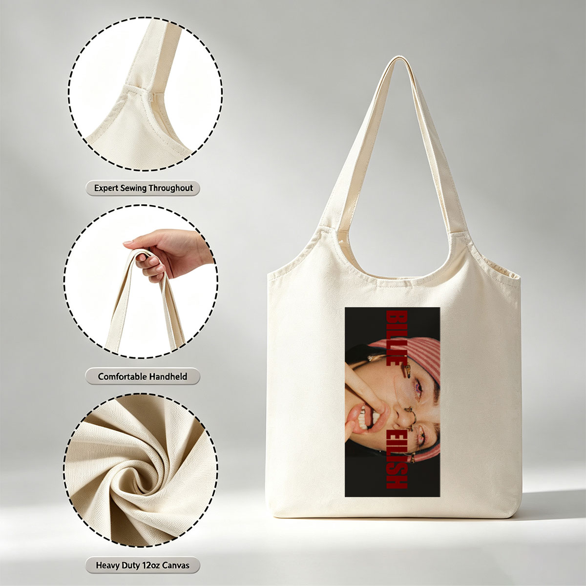 Billie Eilish Close-Up Portrait with Bold Red Text and Striped Beanie - Canvas shoulder bags/
