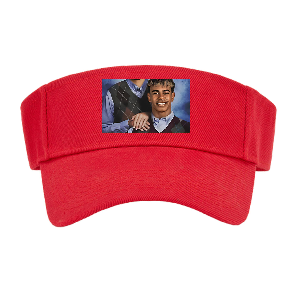 Two Men in Argyle Vests, One Smiling, One Serious, Blue Background -  Visor cap
