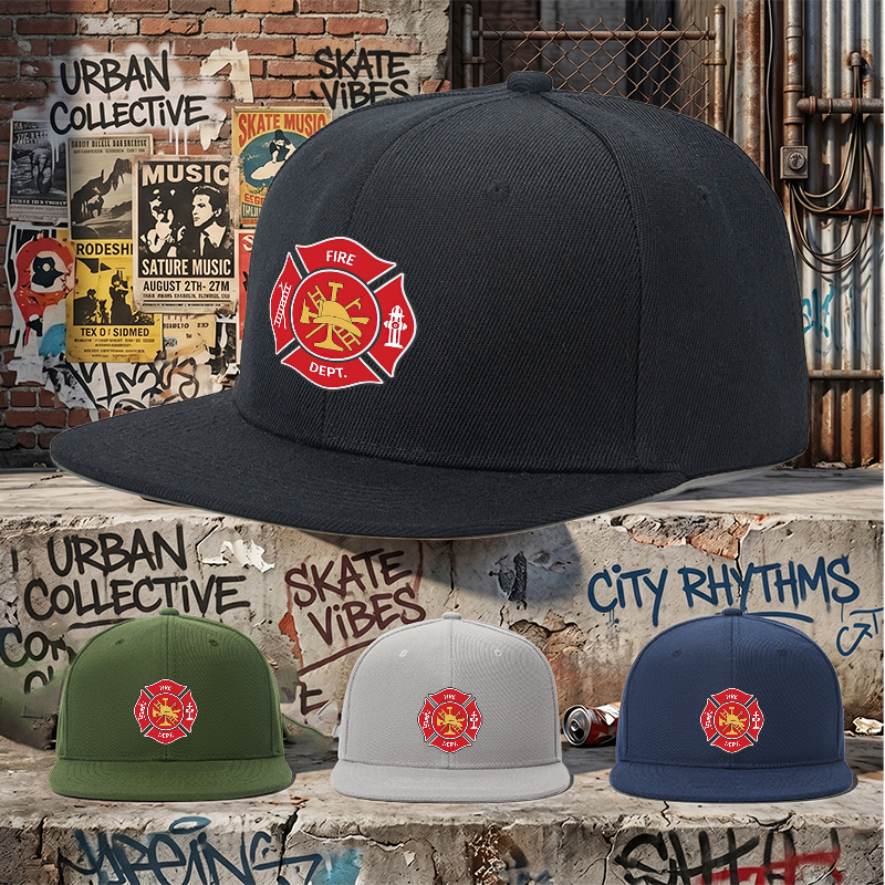 Flat Brim Baseball Cap Fire Dept Emblem Print Streetwear Underground Skate Style for Basketball Court Skate Park Urban Lifestyle Skaters Rappers Streetwear Enthusiasts