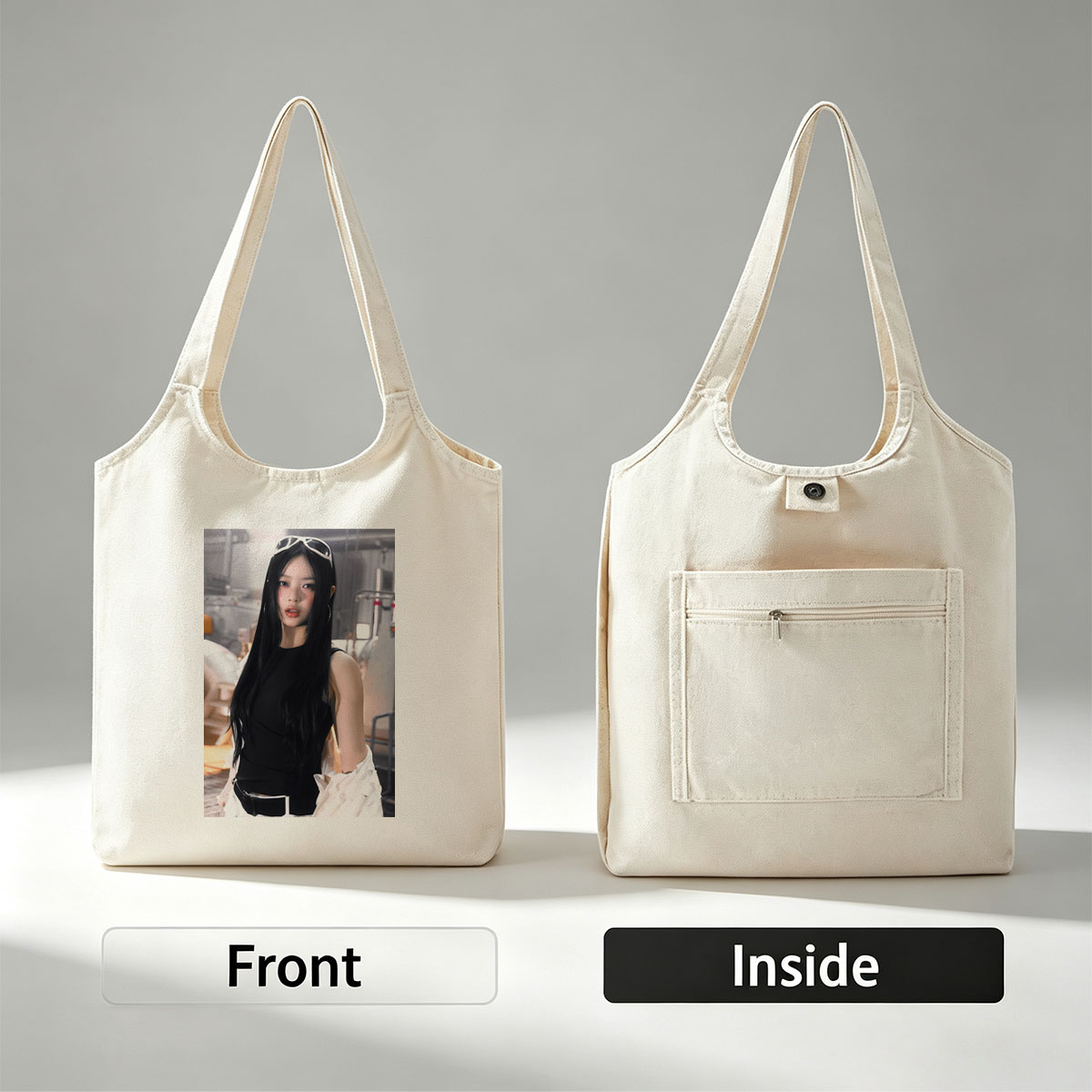 Hanni of NewJeans in a Futuristic Studio Setting Wearing a Black Top and White Ruffled Skirt with Sunglasses on Head - Canvas shoulder bags/