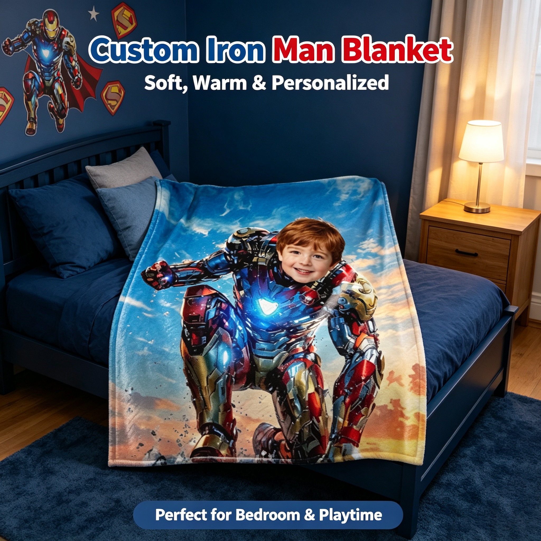 Customized Superhero Iron Man Flannel Throw Blanket With Kid Photo, Personalized Upload Picture Blanket, Birthday Xmas Present for Little Boys Bedroom Sofa Travel