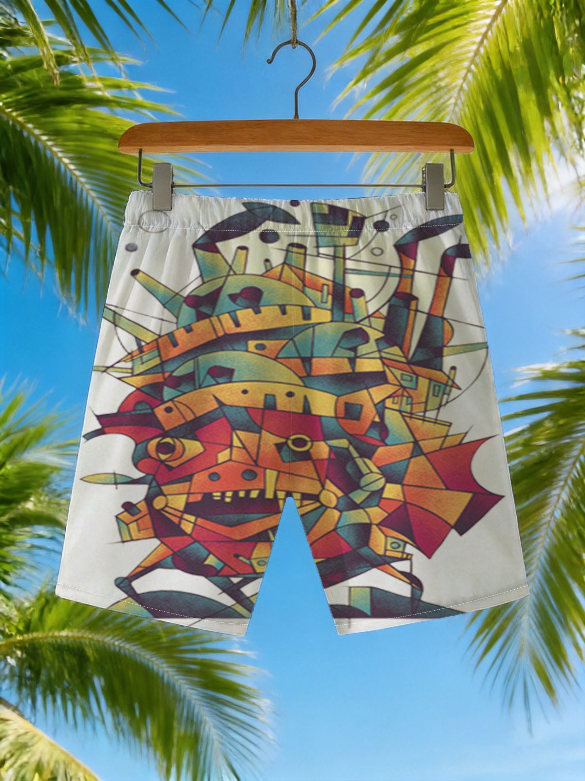 Abstract Mechanical Monster with Vibrant Geometric Design -  Beach shorts