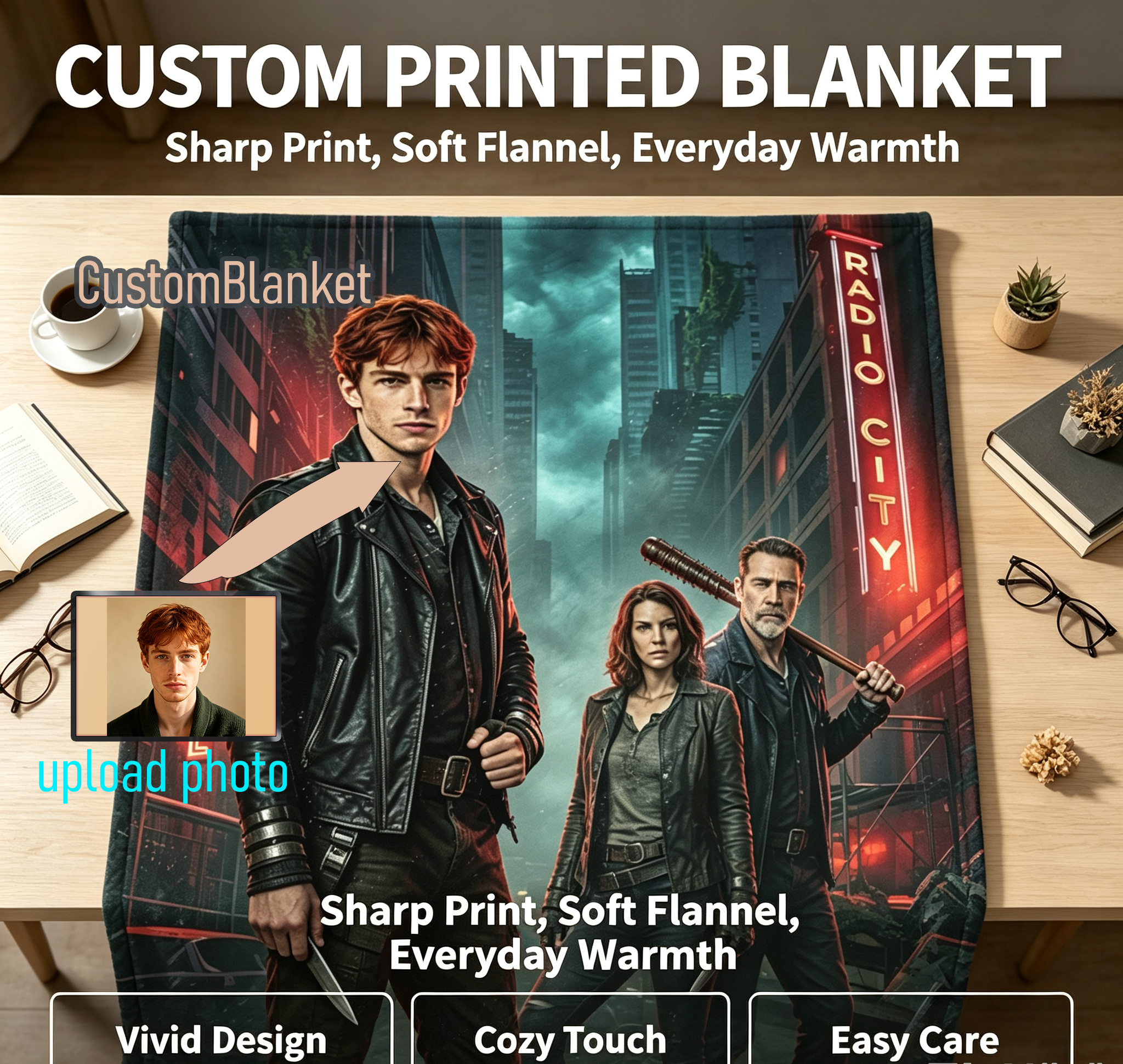 Custom Face Blanket The Walking Dead Dead City Season 3 Flannel Blanket for Fans and Collectors – Perfect Gift or Giveaway for TV Show Enthusiasts