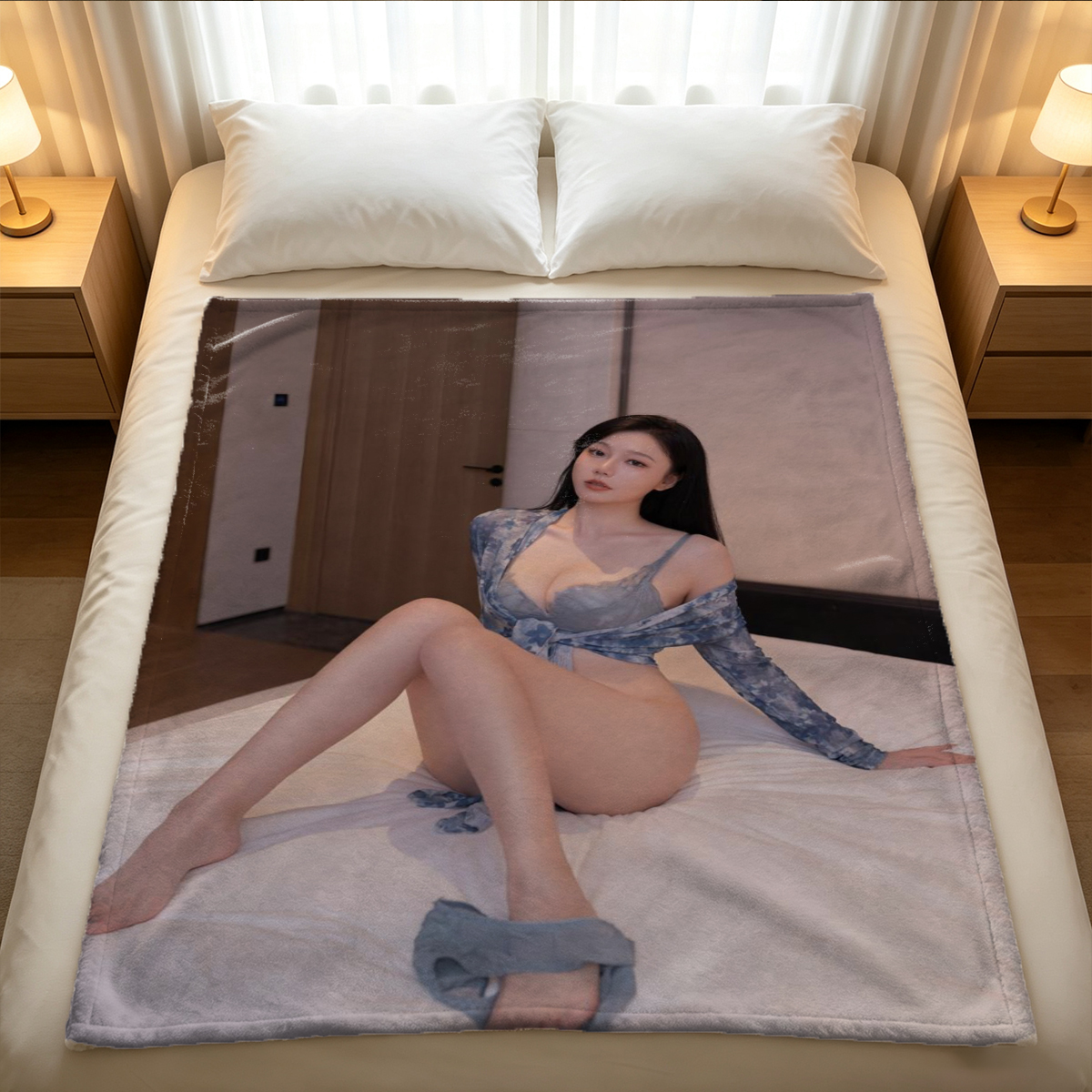 Brunette in black latex lingerie and sheer pantyhose sitting on a vintage chair - Blanket
