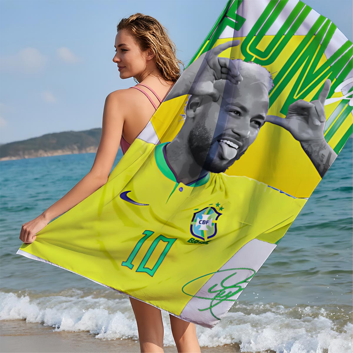 Neymar Junior - Brazil National Football Team Player, Wearing No. 10 Jersey - Beach towels