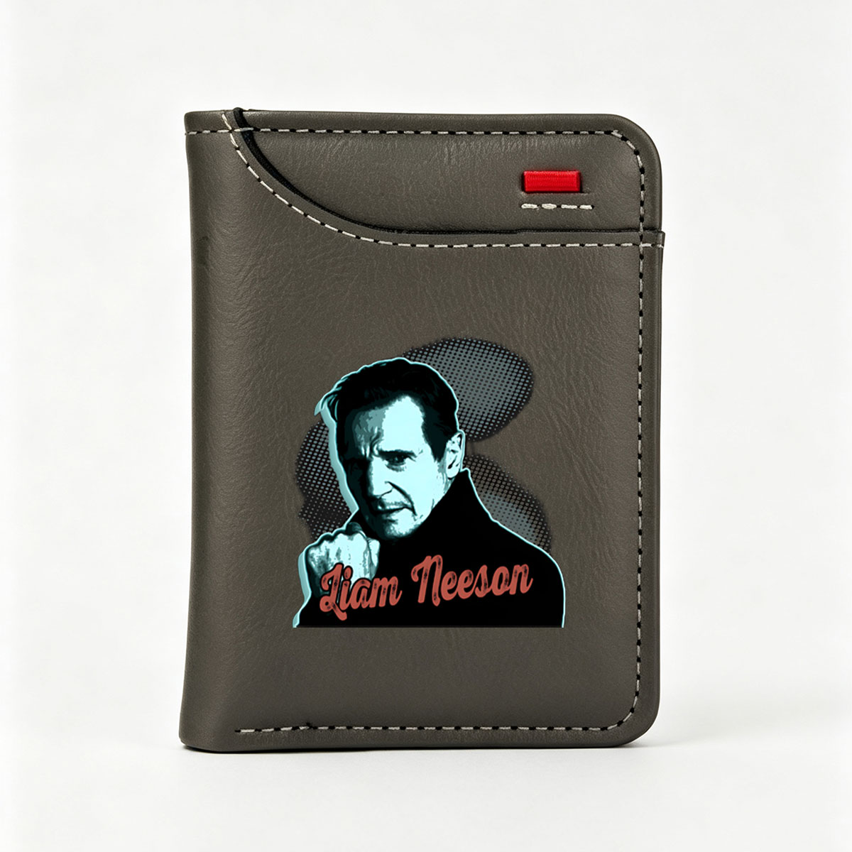 Liam Neeson in a dramatic pose with bold text and graphic design elements - Vertical Style Wallet