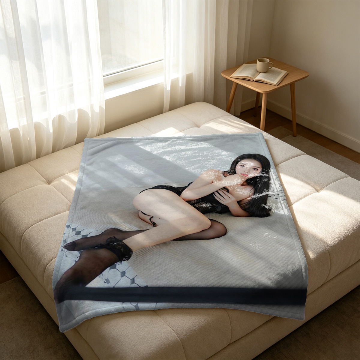 Nude Asian Woman in Glasses Doing Splits on Kitchen Counter - Blanket