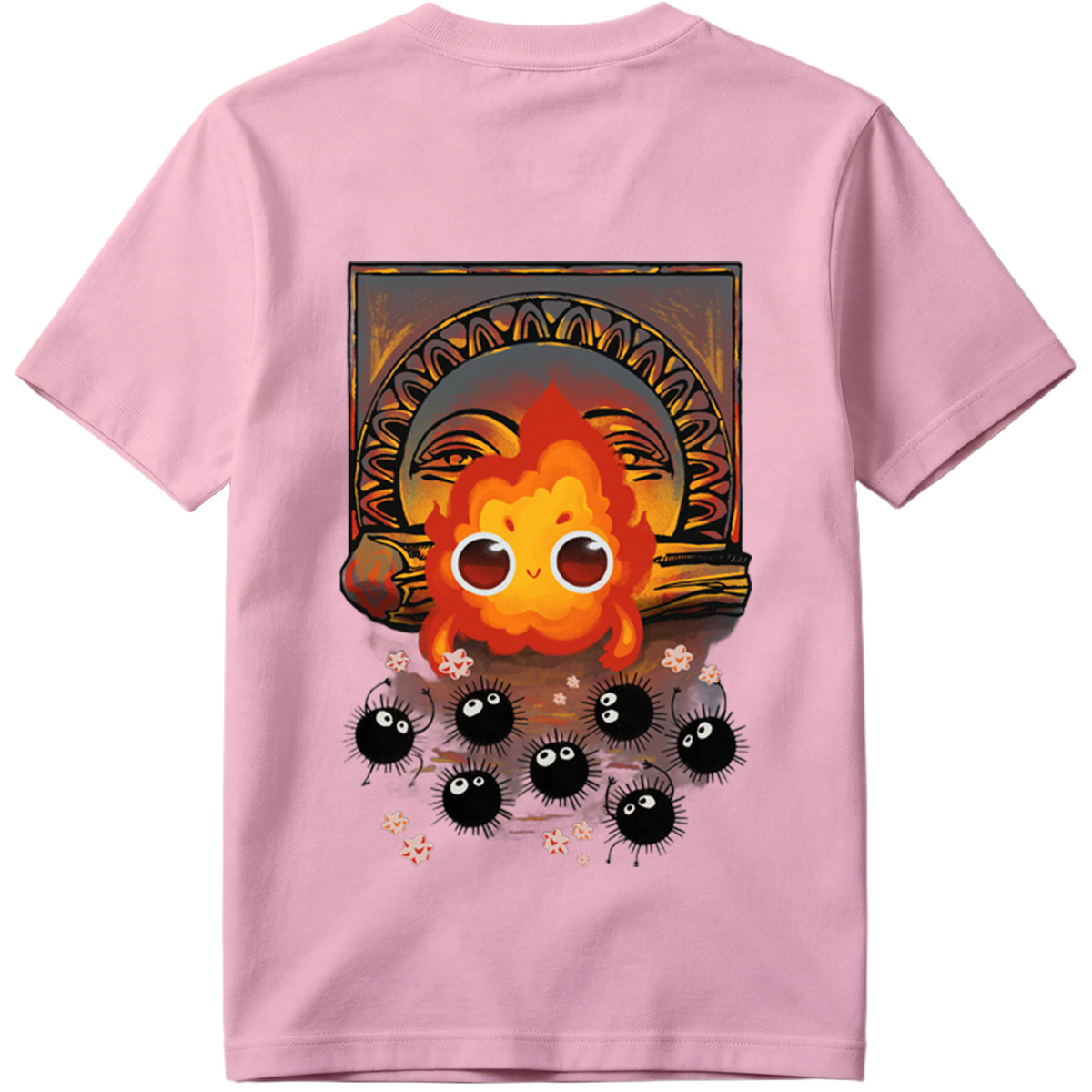 Cute Flame Character with Black Spiky Creatures and Ancient Mask Background - Tee