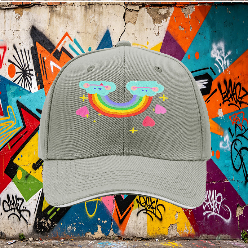 Unisex Classic Sandwich Hat with Rainbow Clouds and Hearts Print - Perfect for Casual Outings, Festivals, and Everyday Wear - Ideal for Teens and Young Adults Seeking Fun, Colorful Accessories