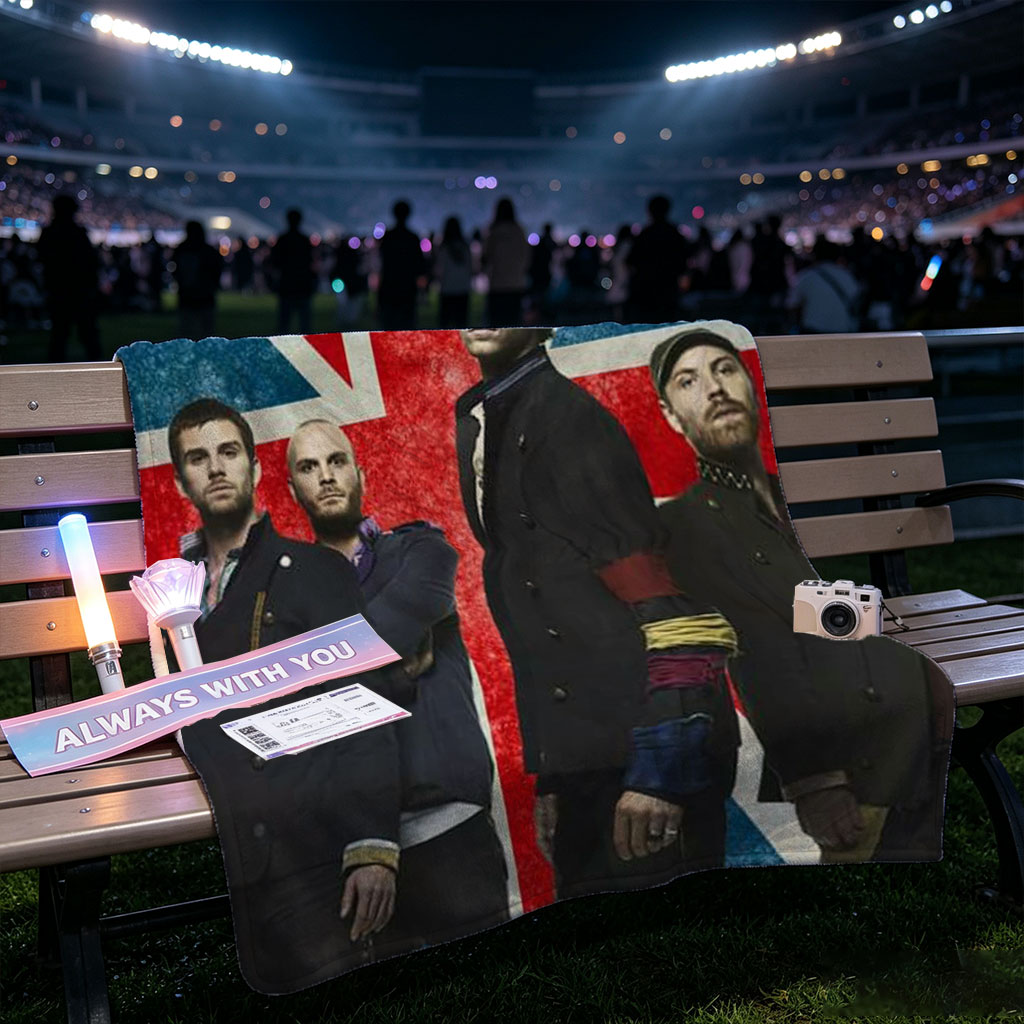 Coldplay Band Members Standing in Front of a British Flag Background - Blankets