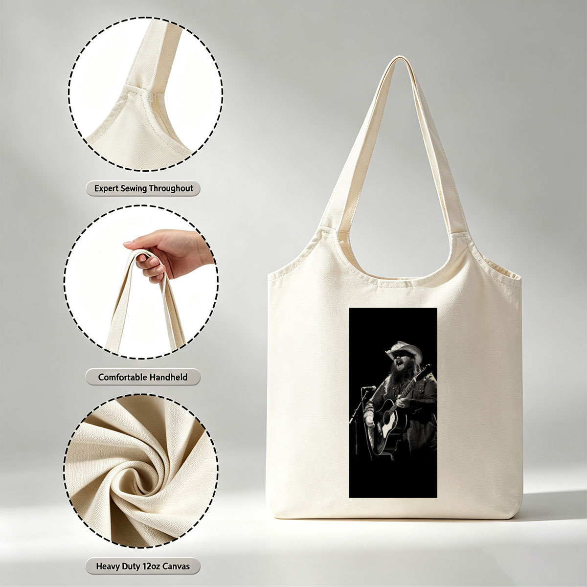 Chris Stapleton Performing on Stage with Acoustic Guitar in Black and White - Canvas shoulder bags/