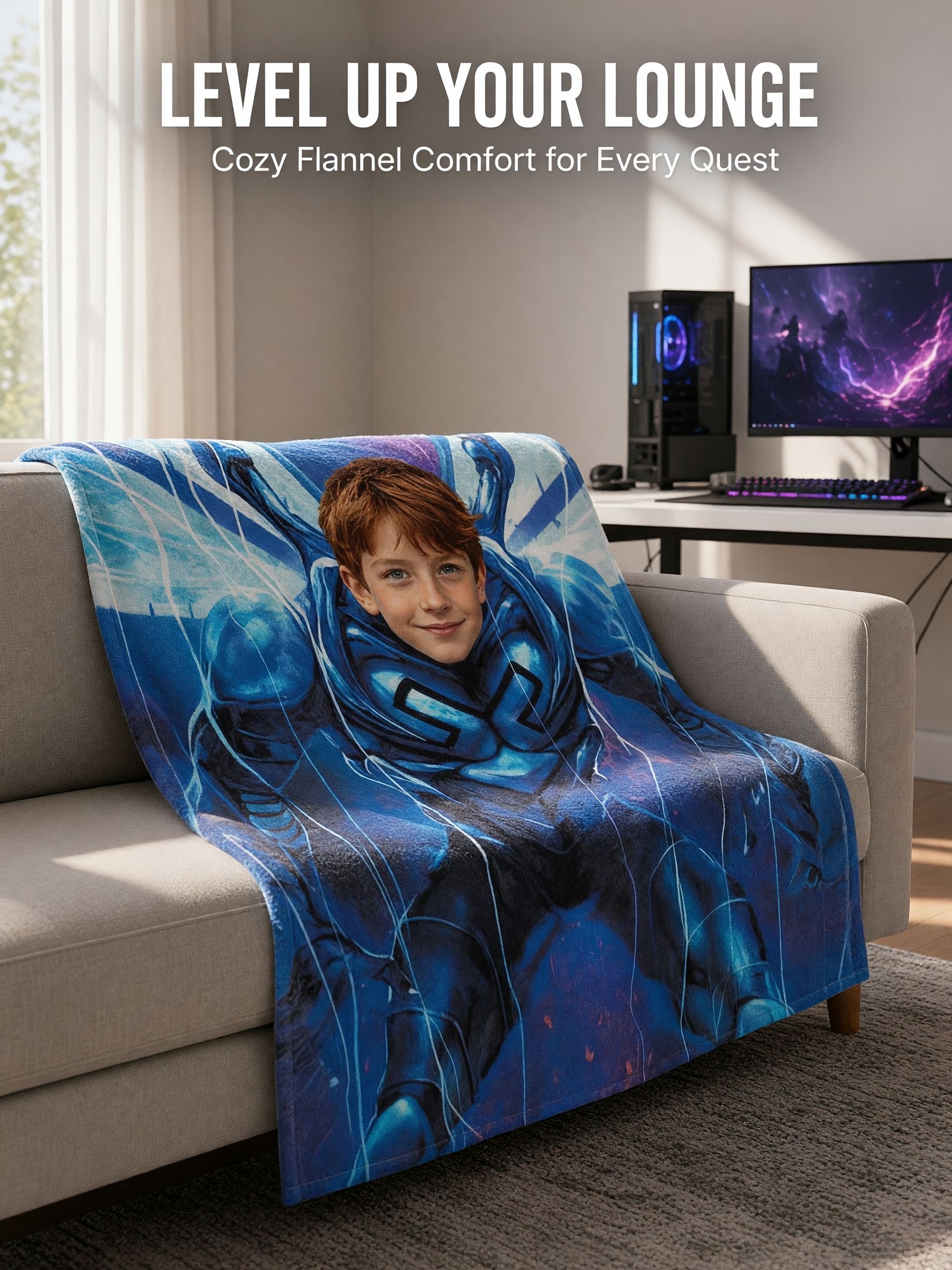 Custom Face Superhero Flannel Fleece Blanket, Ultra Soft Personalized Photo Throw, Ideal Cozy Gift for Kids and Bed