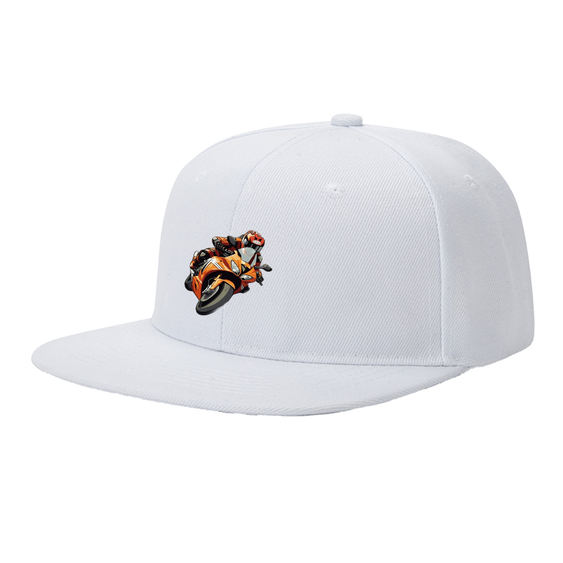 Flat Brim Baseball Cap Orange Motorcycle Rider Graphic Streetwear Underground Skate Style for Bike Track Urban Riders and Moto Enthusiasts