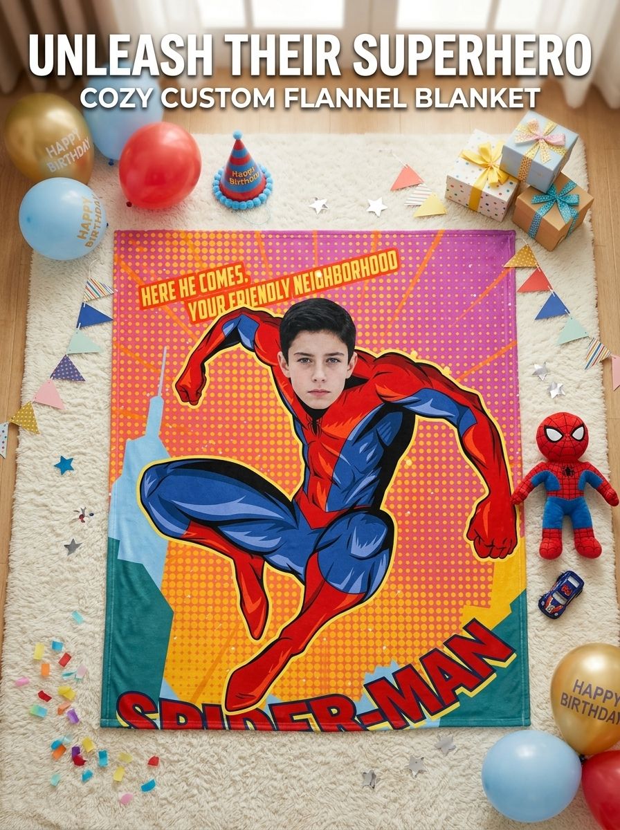 Custom Face Superhero Comic Flannel Blanket Personalized Photo Throw for Kids Boys Room Decor Soft Warm Gift