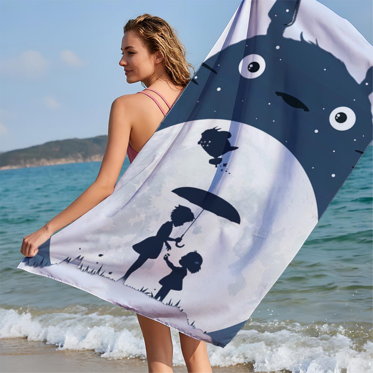 Totoro, Satsuki, and Mei under the Moonlight - Beach towels