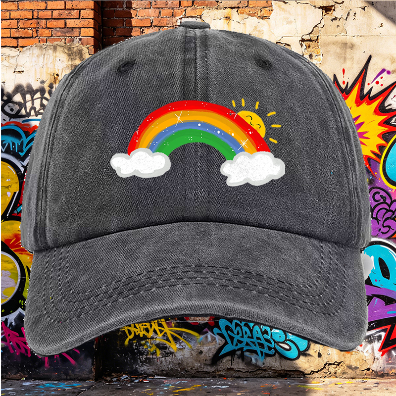 Men's Rainbow Print Washed Cotton Cap with Sunny Cloud Design Lightweight Casual Round Brim Summer Hat for Outdoor Activities and Daily Wear Adults Unisex Streetwear Fashion Accessory