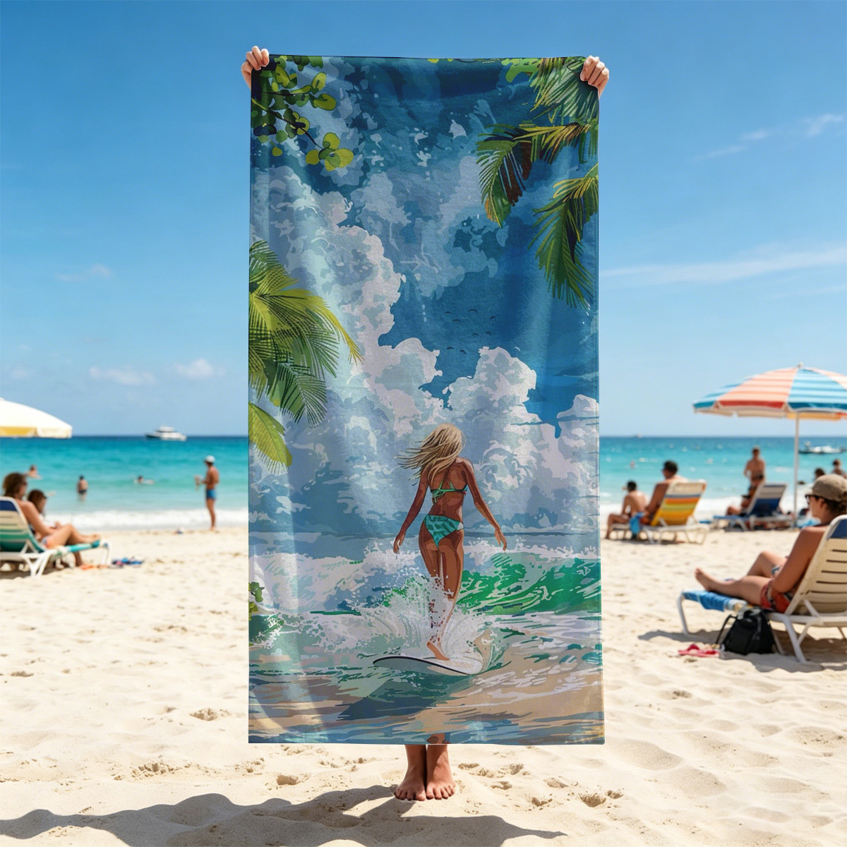 Woman surfing on tropical beach with palm trees and blue sky - Beach towels