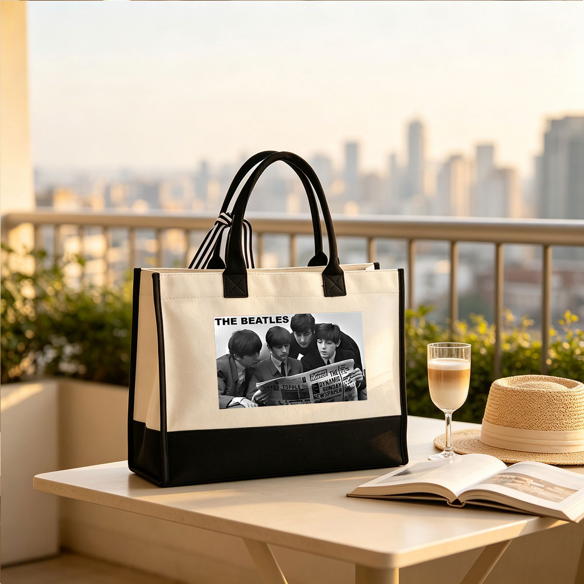 The Beatles Reading Sunday Mirror Newspaper - Canvas patchwork gift tote bag