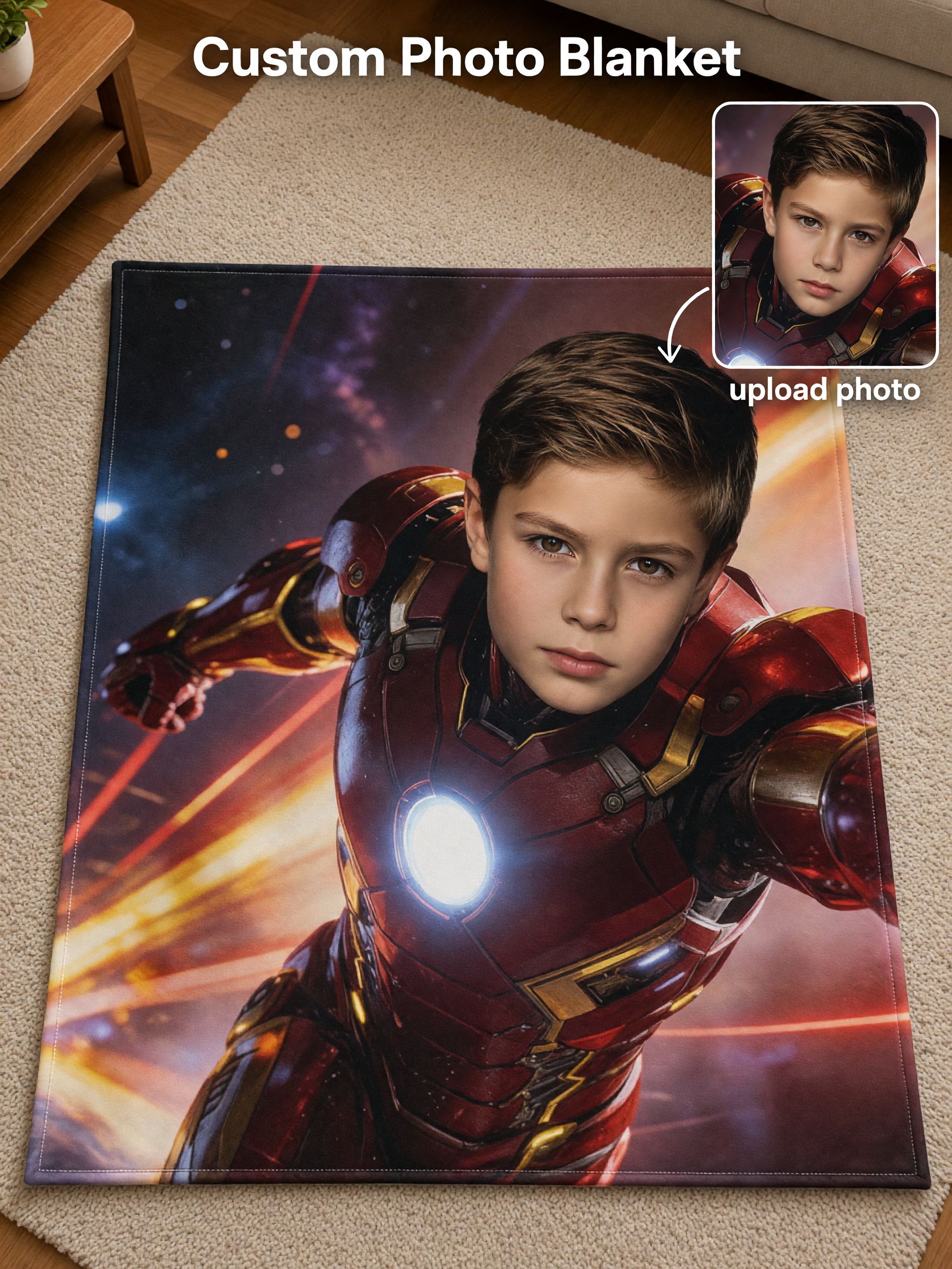 Custom Photo Superhero Face Blanket Personalized Ultra Soft Flannel Fleece Throw for Kids Boys Cozy Birthday Gift