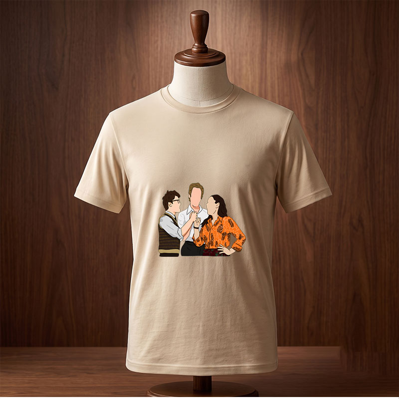 Three Characters in a Tense Interaction: Man in Vest, Central Figure, and Woman in Orange Shirt - Tee