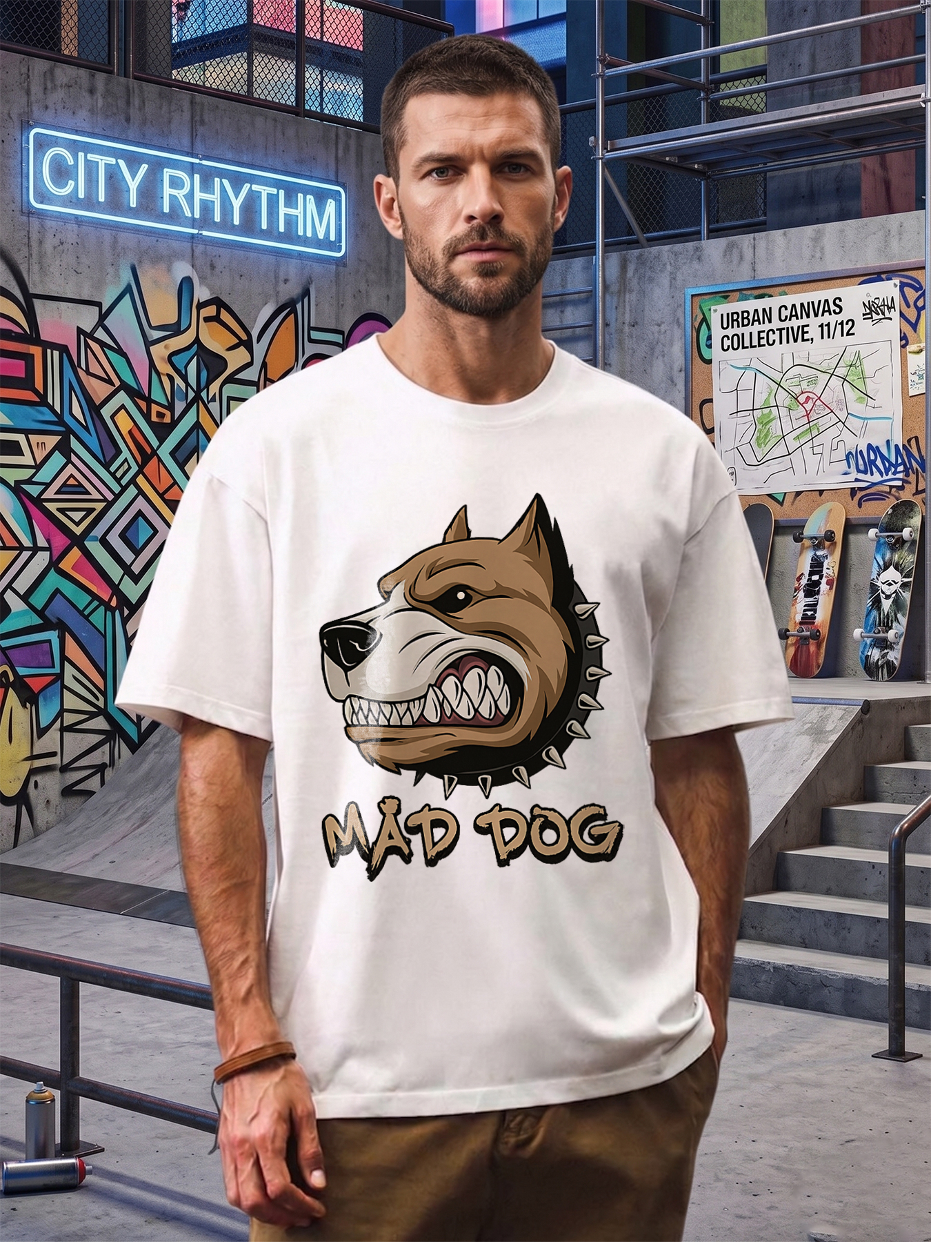 Men's Mad Dog Graphic Print T-Shirt, Angry Dog Head with Spiked Collar Design, Casual Round Neck Lightweight Breathable Summer Short Sleeve Tee for Outdoor Activities, Streetwear Fans and Dog Lover Enthusiasts