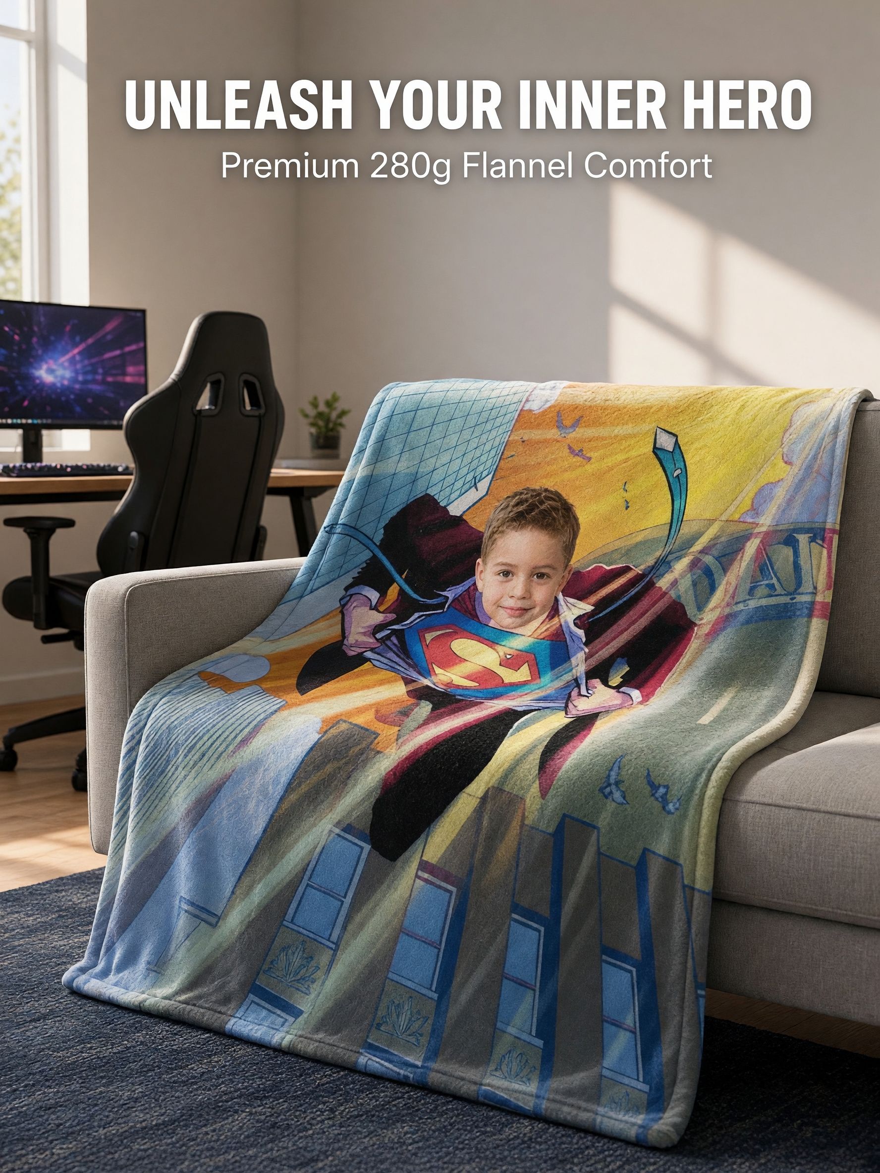 Custom Face Superhero Flannel Fleece Blanket Personalized Photo Comic Throw Skin Friendly Warm Plush Cover for Kids and