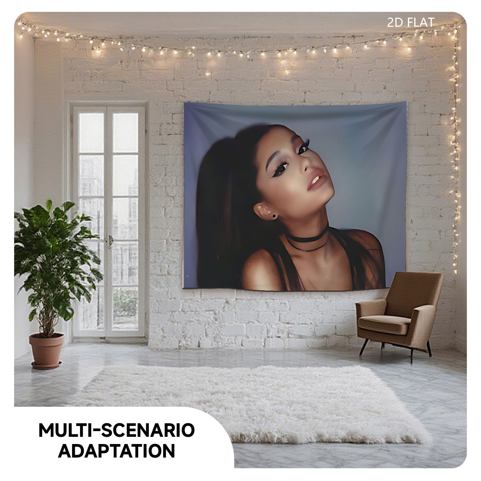Ariana Grande in a dramatic pose with bold makeup and a black choker, set against a soft gradient background. - Tapestry