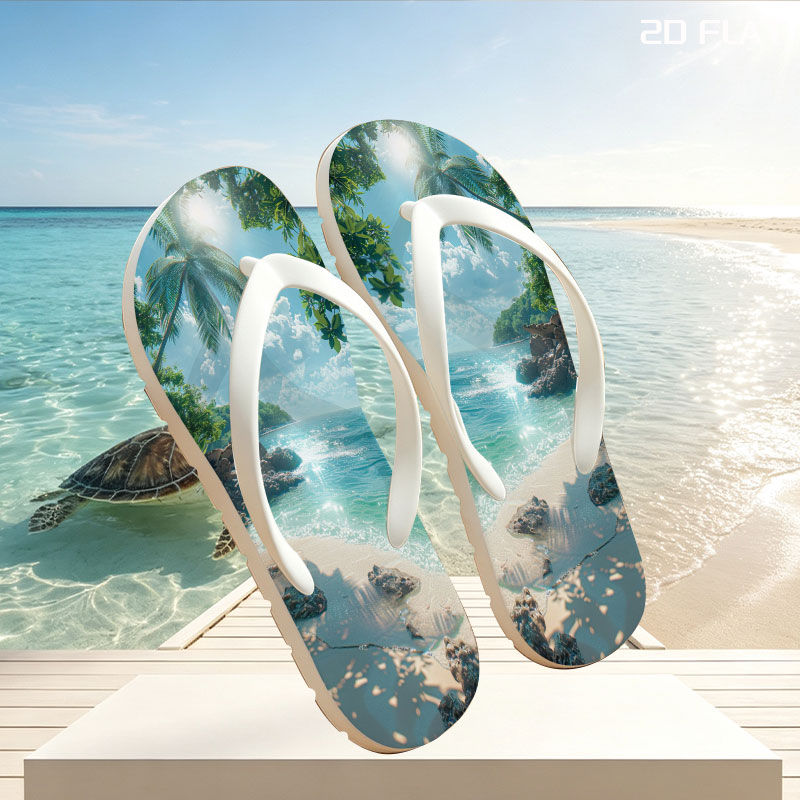 Tropical Beach with Palm Trees and Crystal Clear Water -  flip-flops