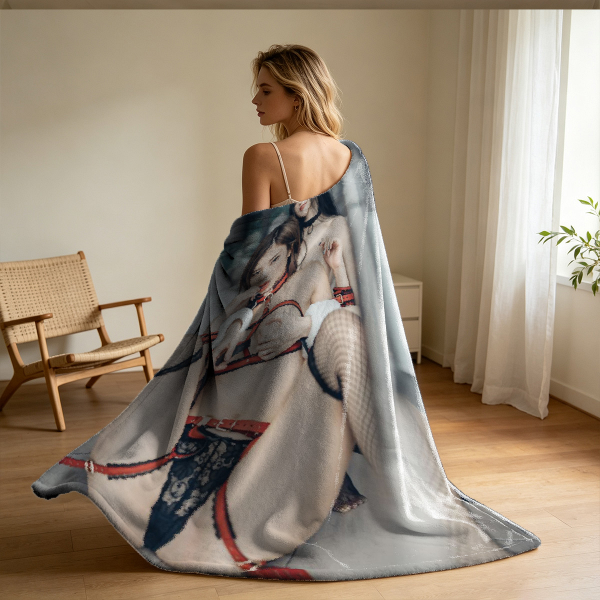 Blonde in sheer bodysuit lying prone on carpet smiling at camera - Blanket