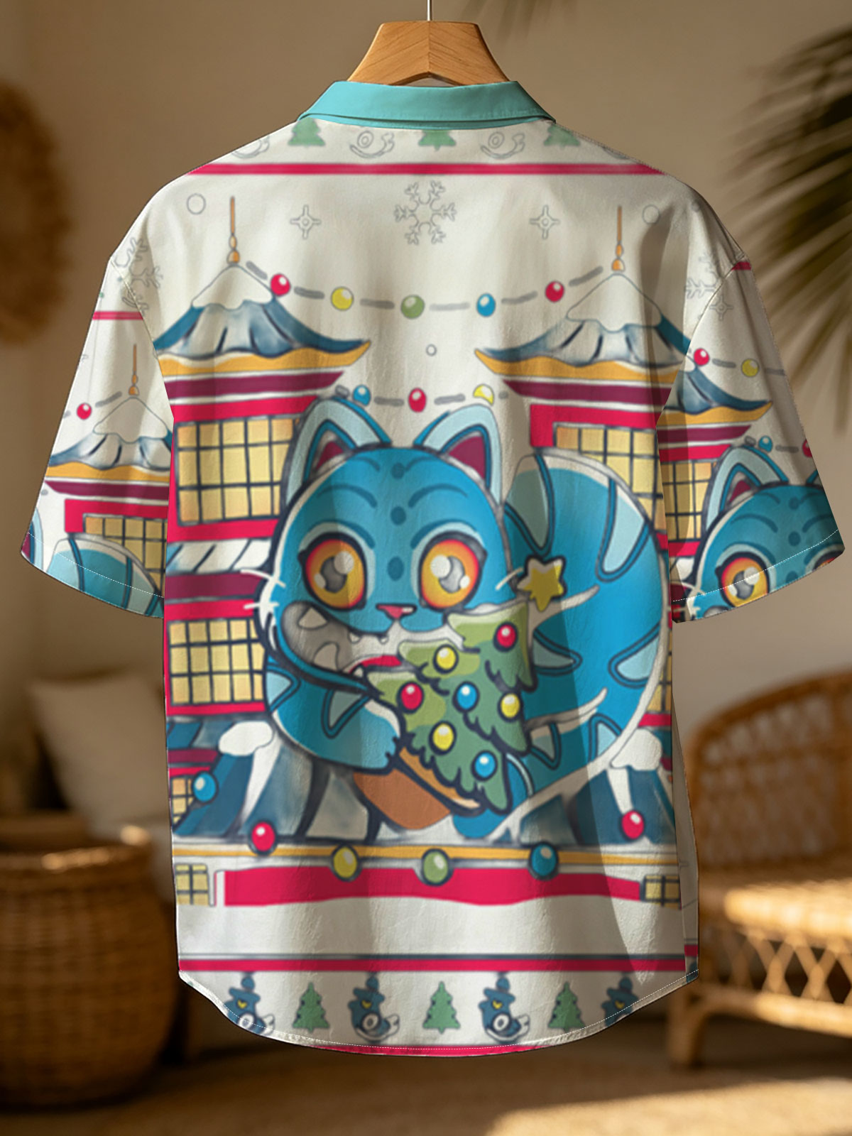 Blue Cat with Christmas Tree in Front of Pagoda House -  Shirt