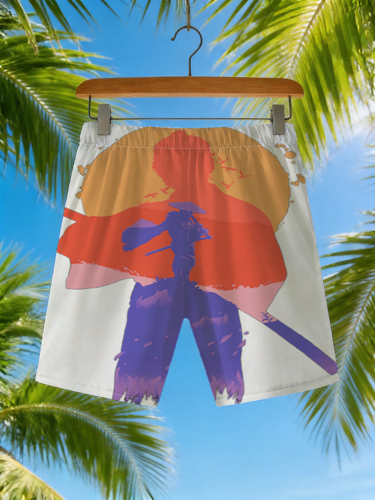 Samurai Silhouette at Sunset with Warrior Figure and Birds in Sky -  Beach shorts