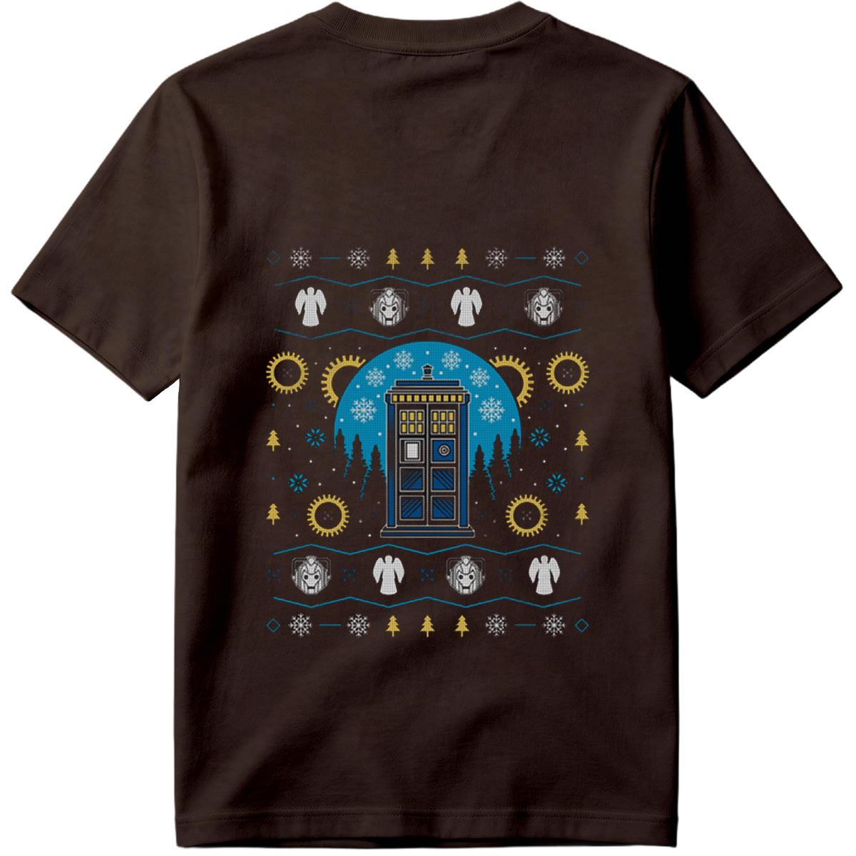 Doctor Who Christmas Sweater Design Featuring TARDIS, Weeping Angels, and Cybermen - Tee