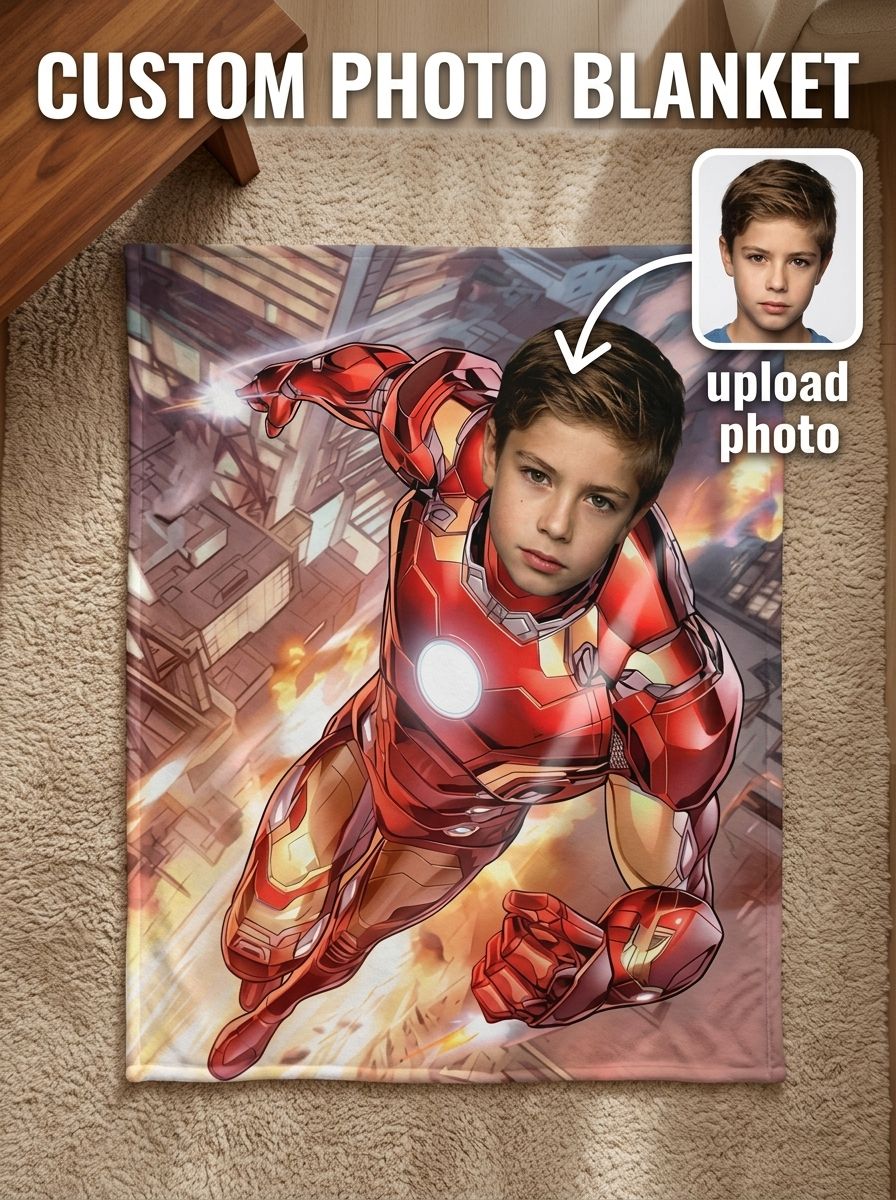 Personalized Photo Superhero Flannel Throw Blanket Soft Cozy Fleece Bed Couch Wrap Custom Face Keepsake Gift for Kids