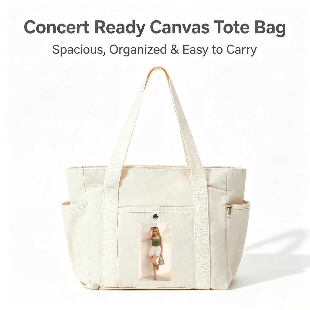 Sabrina Carpenter in a stylish summer outfit featuring a green ruched top and white shorts, accessorized with a matching handbag and gold heels. - Multi-pocket bags