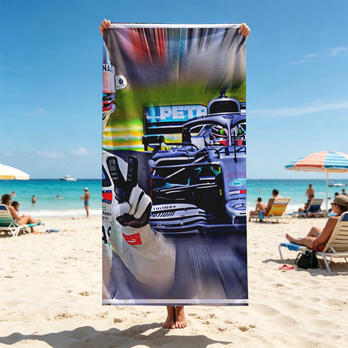 Lewis Hamilton, Mercedes F1 Driver, Celebrating Victory on Track - Beach towels
