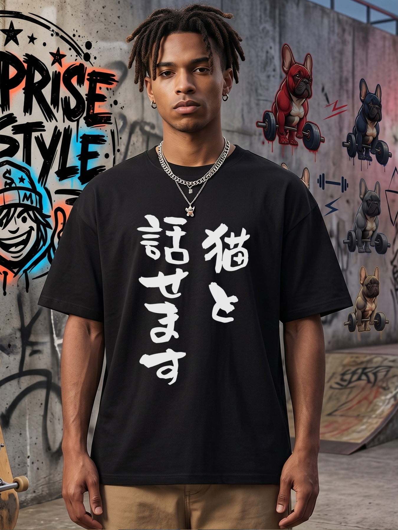 Men's Printed T-Shirt with Japanese Cat Quote 