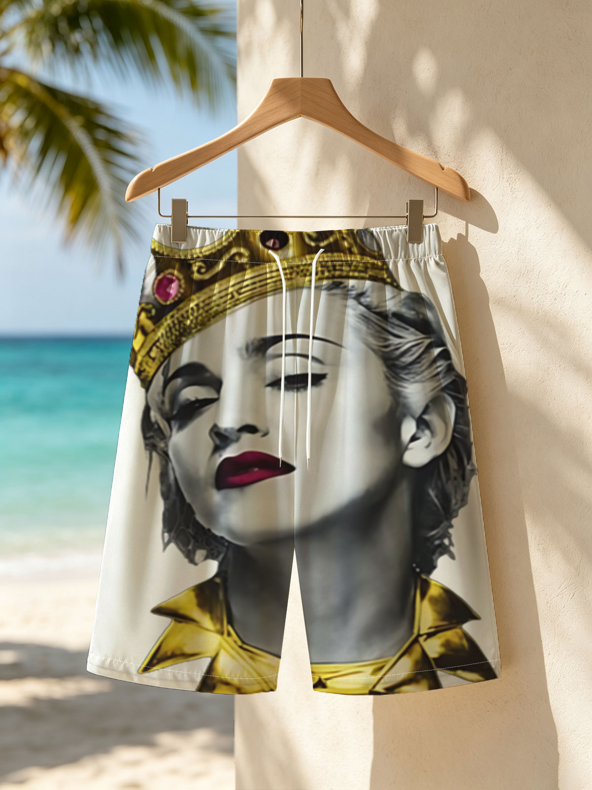 Madonna as Queen: Golden Crown and Regal Attire -  Beach shorts
