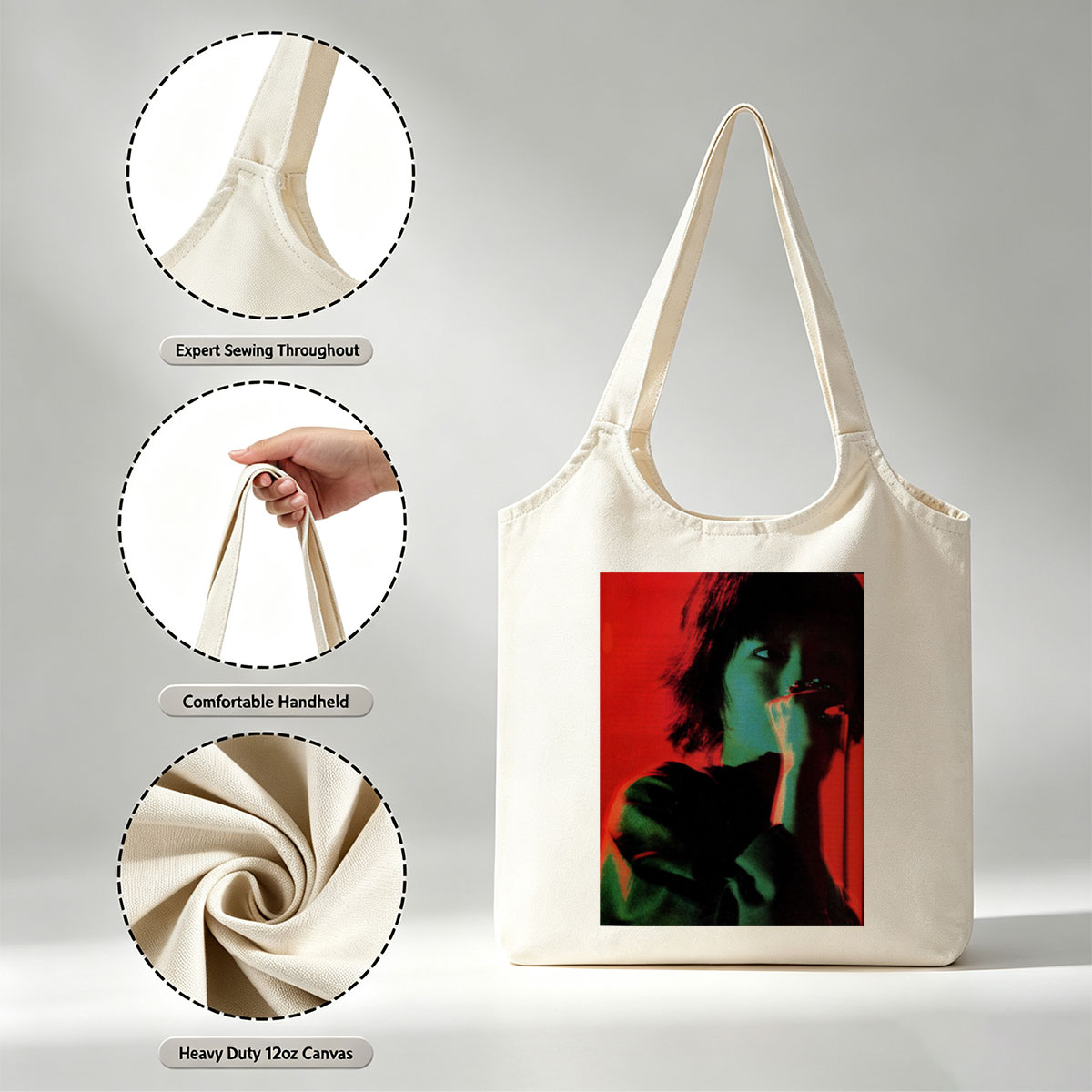 Siouxsie Sioux Singing Into Microphone on Red Background - Canvas shoulder bags/