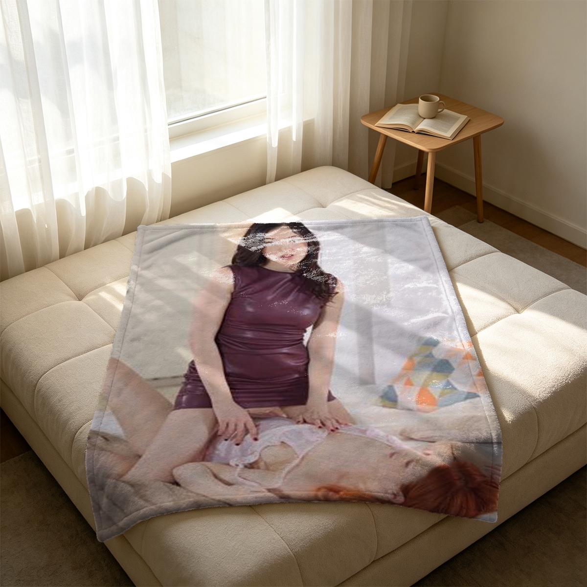 Japanese Model in White Bikini Playing with Foam on Balcony - Blanket
