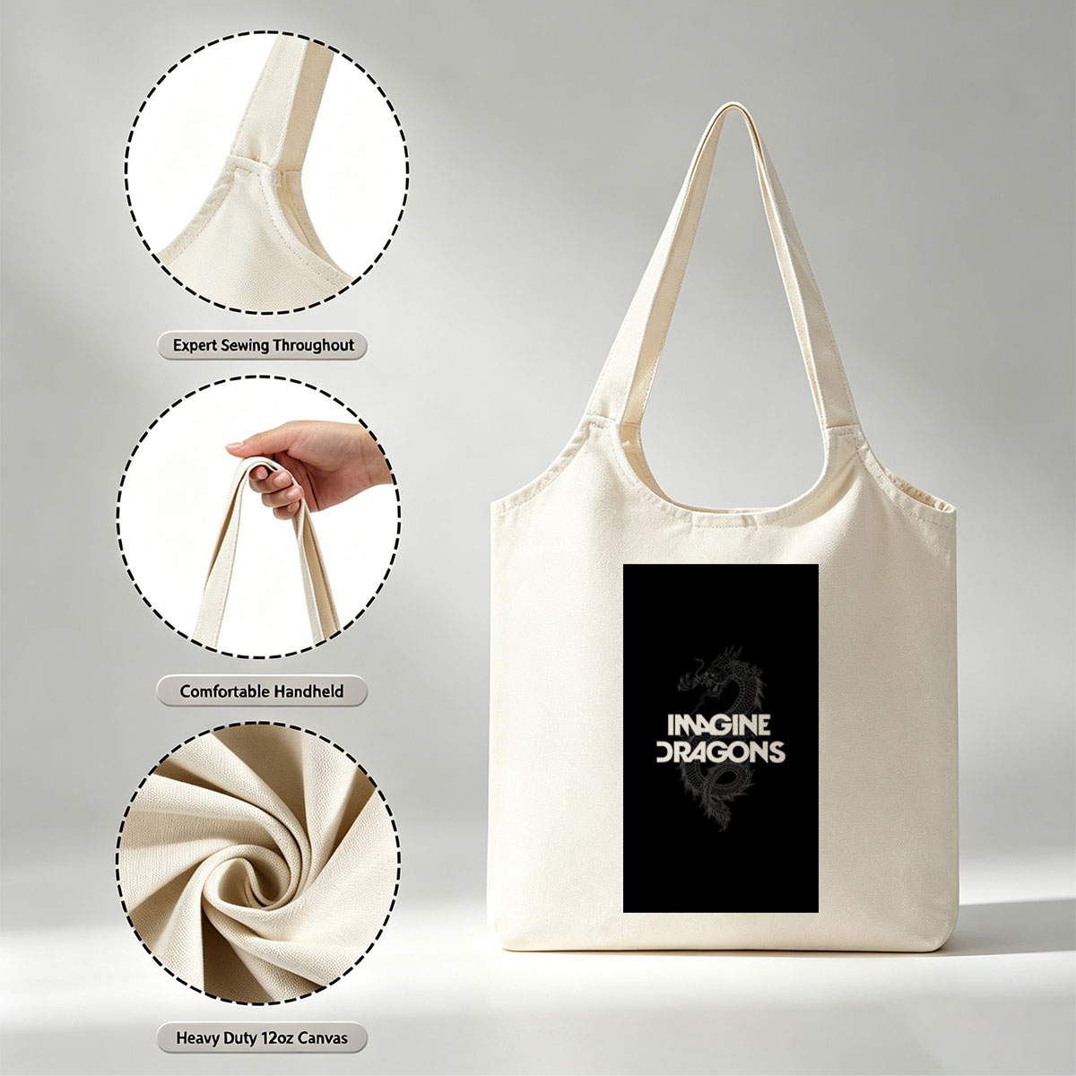 Imagine Dragons Band Logo with Dragon Art on Black Background - Canvas shoulder bags/