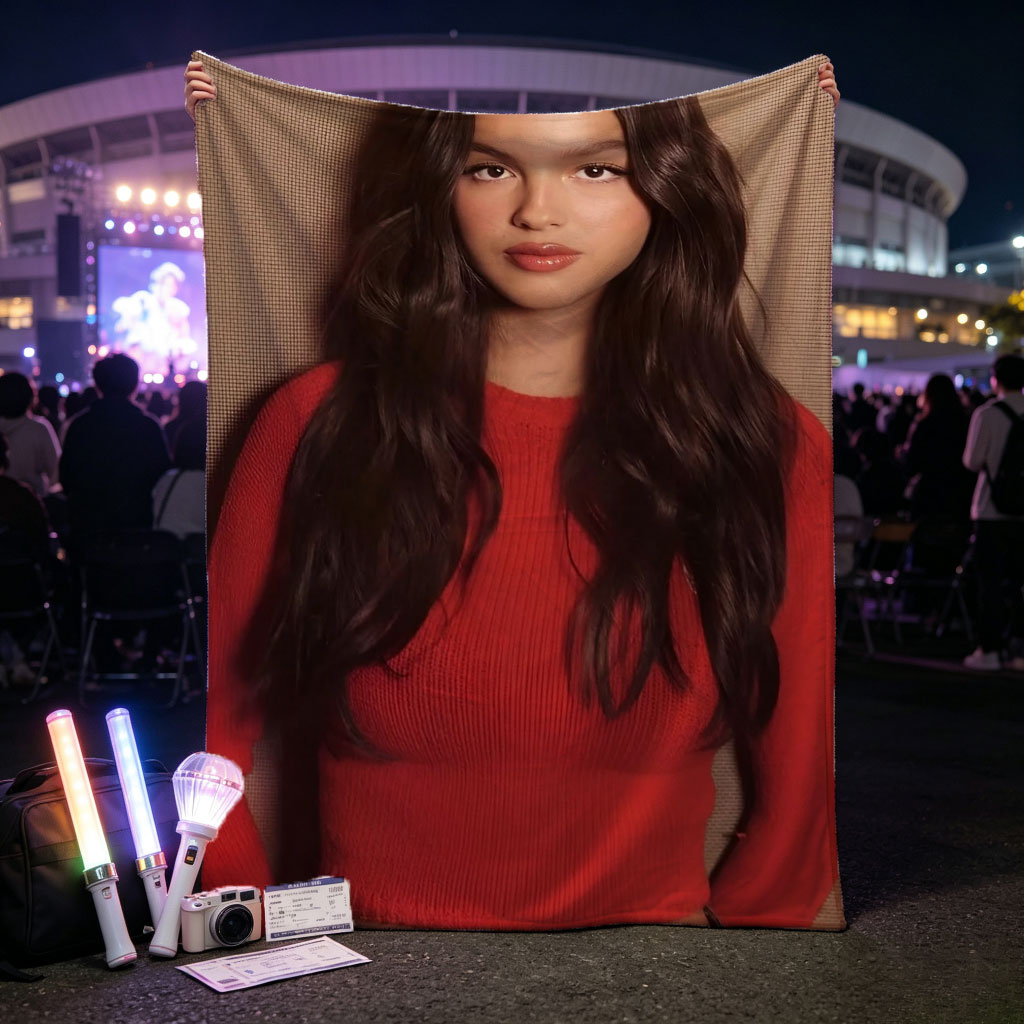 Olivia Rodrigo in a Bold Red Crop Top and Jeans, Striking a Confident Pose Against a Textured Background - Blankets