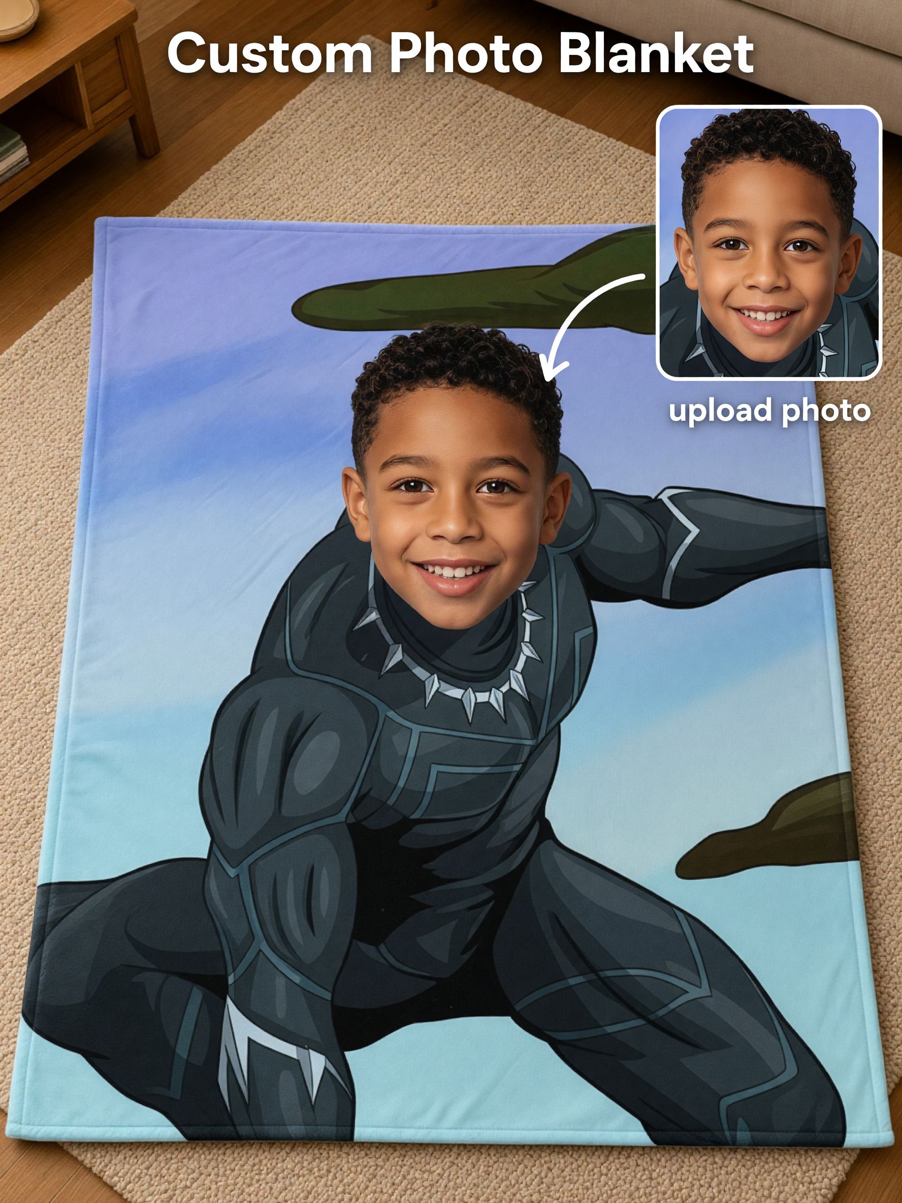 Personalized Superhero Photo Blanket, Custom Face Plush Flannel Throw, Cozy Keepsake Gift for Kids and Family