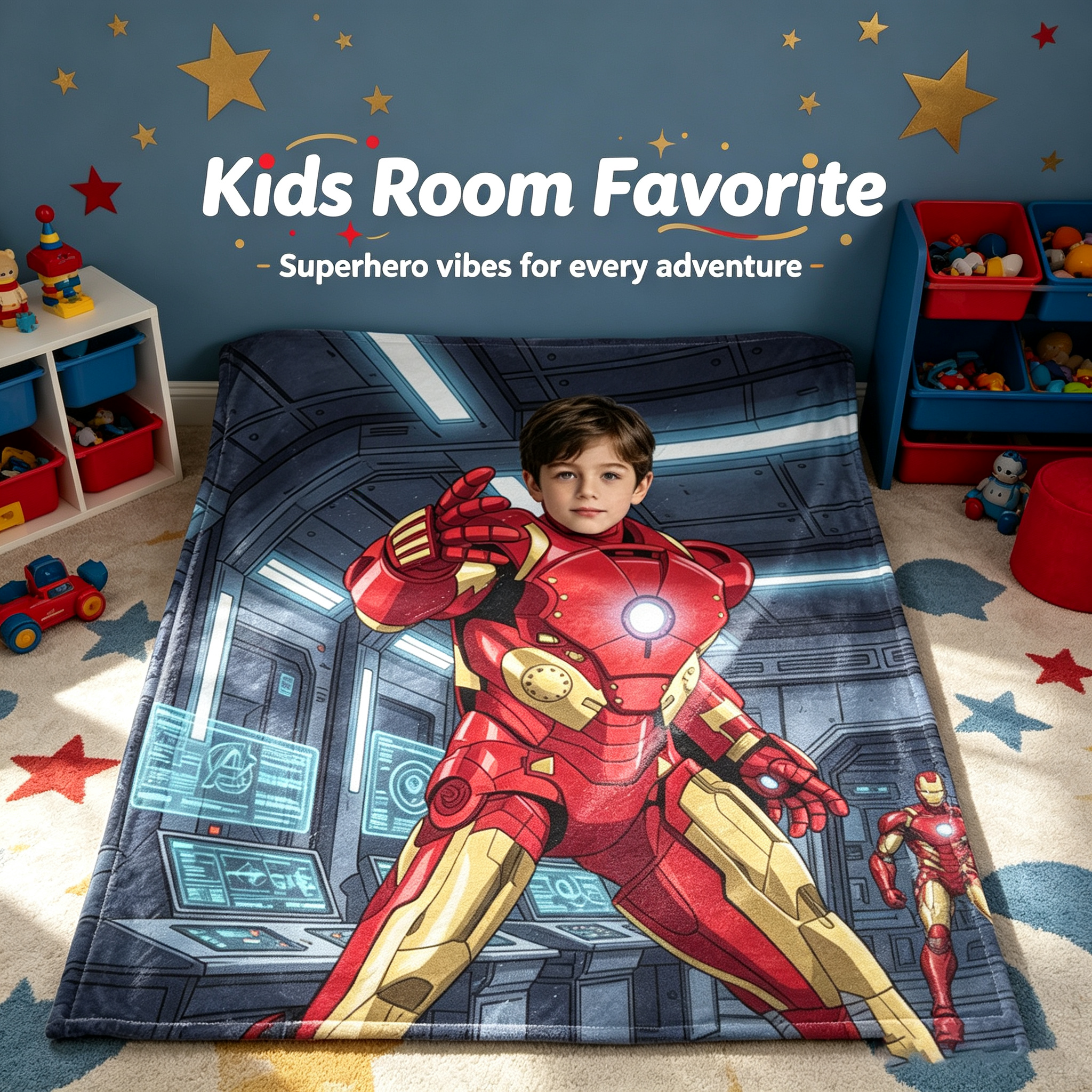 Custom Iron Man Photo Blanket, Personalized Kids Blanket Upload Photo, 280g Thick Flannel Throw Blanket, Superhero Custom Portrait Blanket, Birthday Holiday Gift for Boys