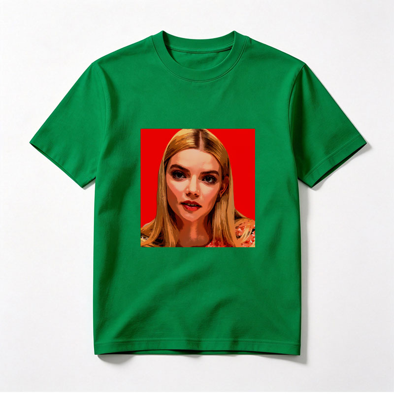 Anya Taylor-Joy in a stylized portrait with bold red background - Tee