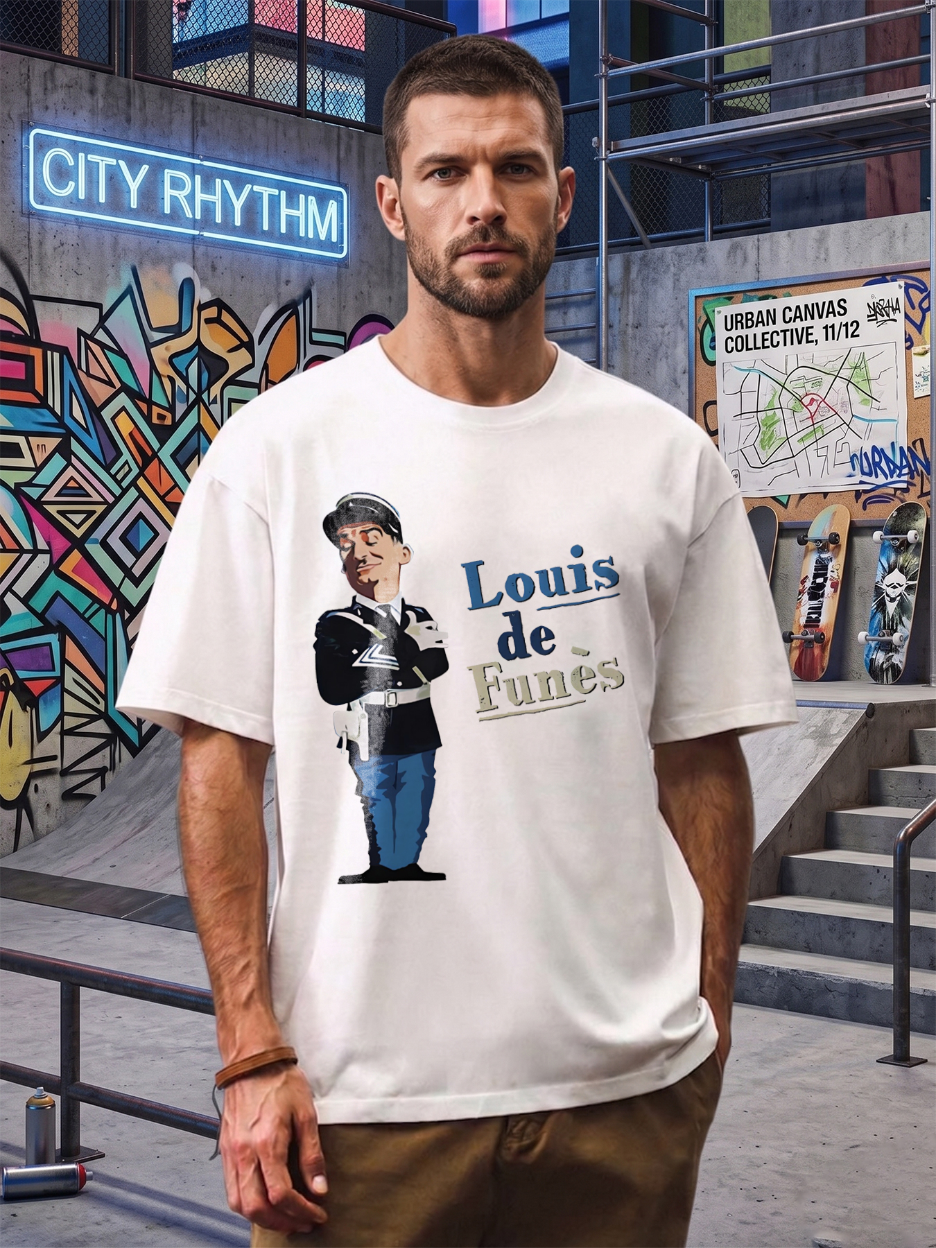 Men's Printed T-Shirt Featuring Cartoon Police Officer Graphic and 