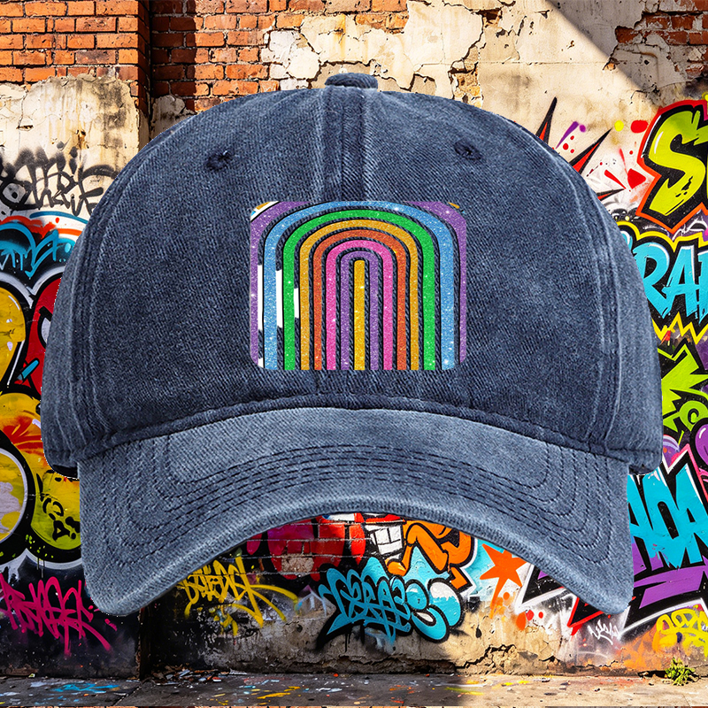 Unisex Classic Washed Baseball Cap with Glitter Rainbow Arc Print - Stylish Sun Protection Hat for Outdoor Activities, Perfect for Fashion-Lovers and Casual Wearers