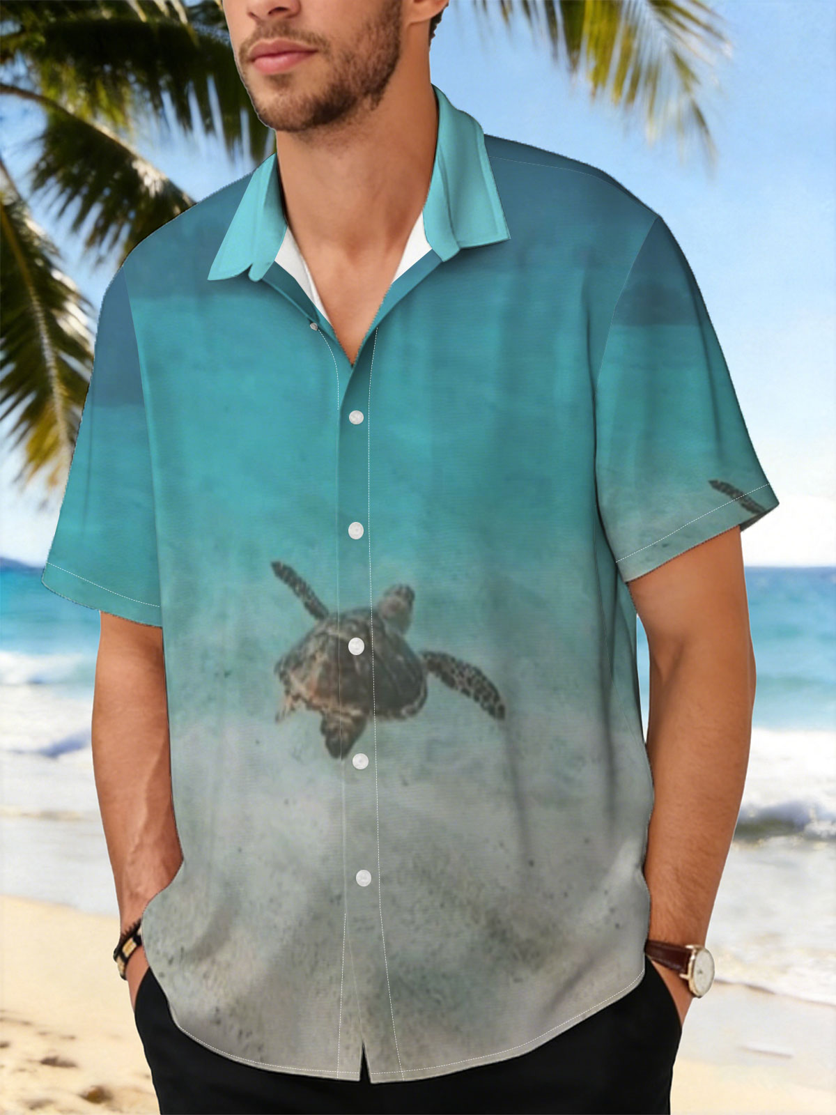 Sea turtle swimming in clear blue water over sandy ocean floor -  Shirt