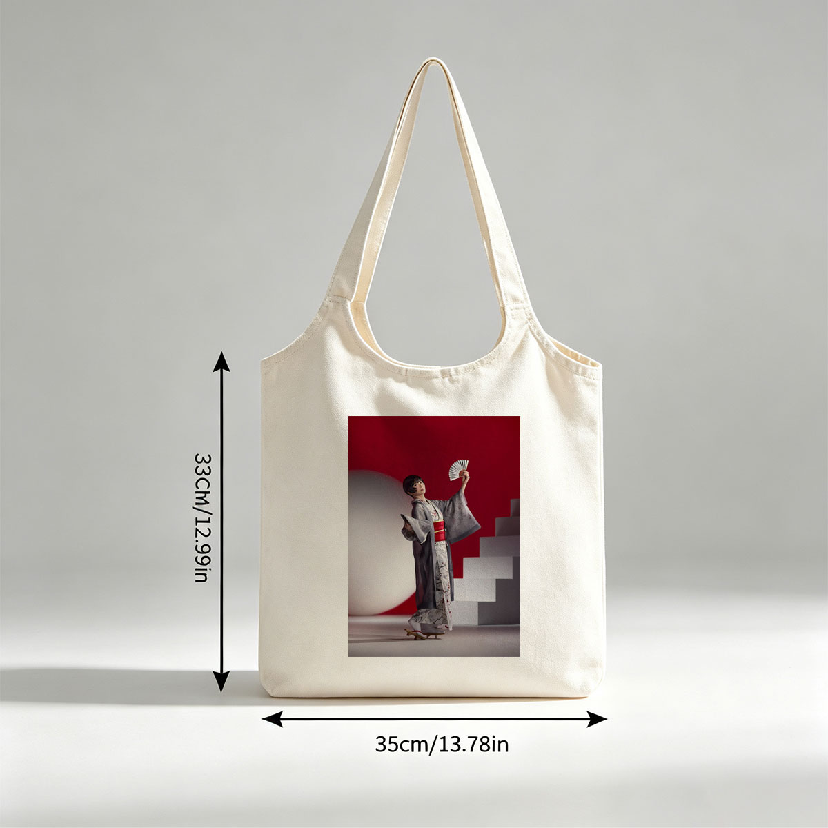 Maki Horikita in Traditional Kimono Holding Fan Against Red Background - Canvas shoulder bags/