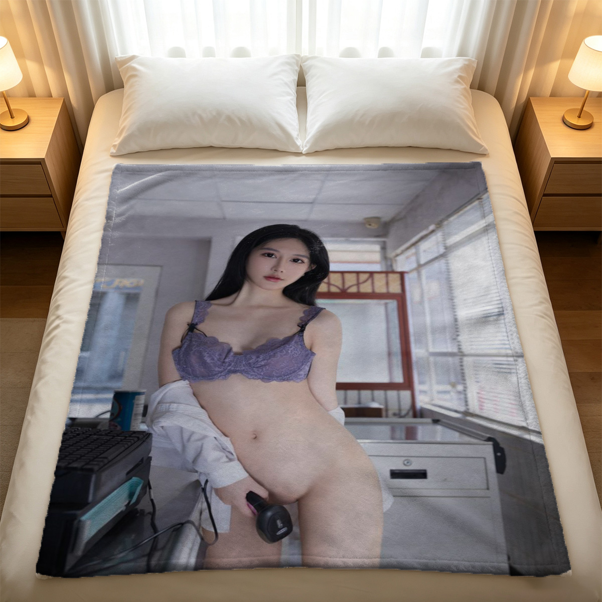 MetArtX: Brunette in White Lingerie and Pearls on Orange Sofa - Blanket