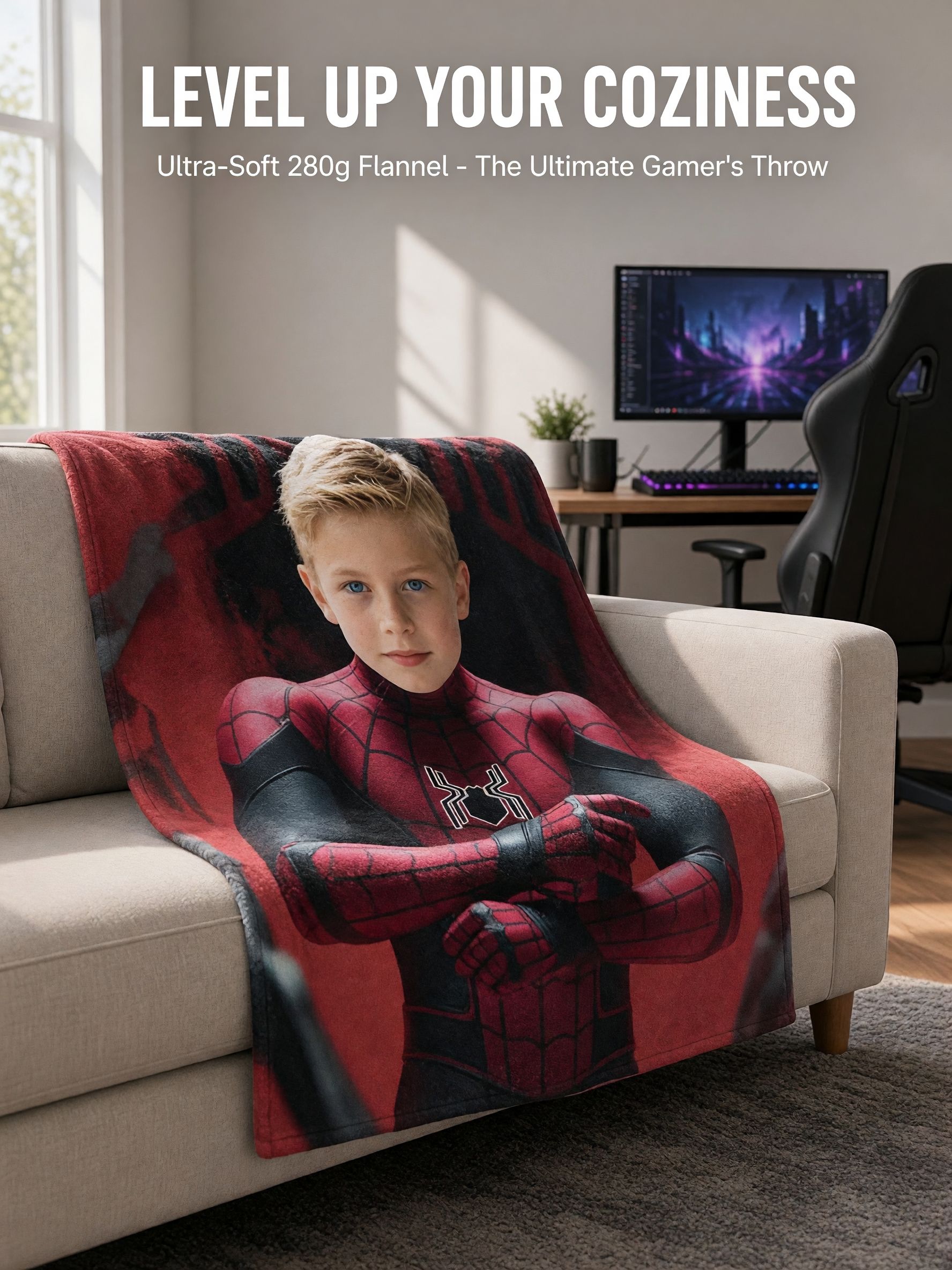 Custom Face Flannel Throw Blanket with Red and Black Spider Superhero Suit Design, Ultra-Soft Personalized Photo Gift